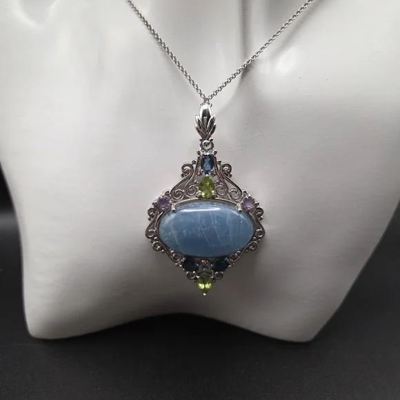 S/S Filigree Pendant Necklace with Blue Center And Multicolor Accent Stones - Picture 2 of 6